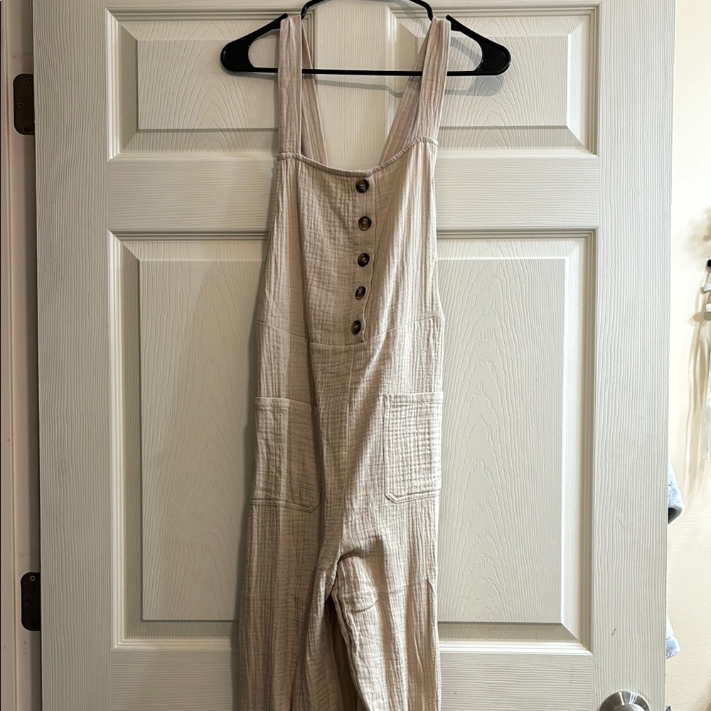 Mod Ref Beige Button-Front Textured Jumpsuit